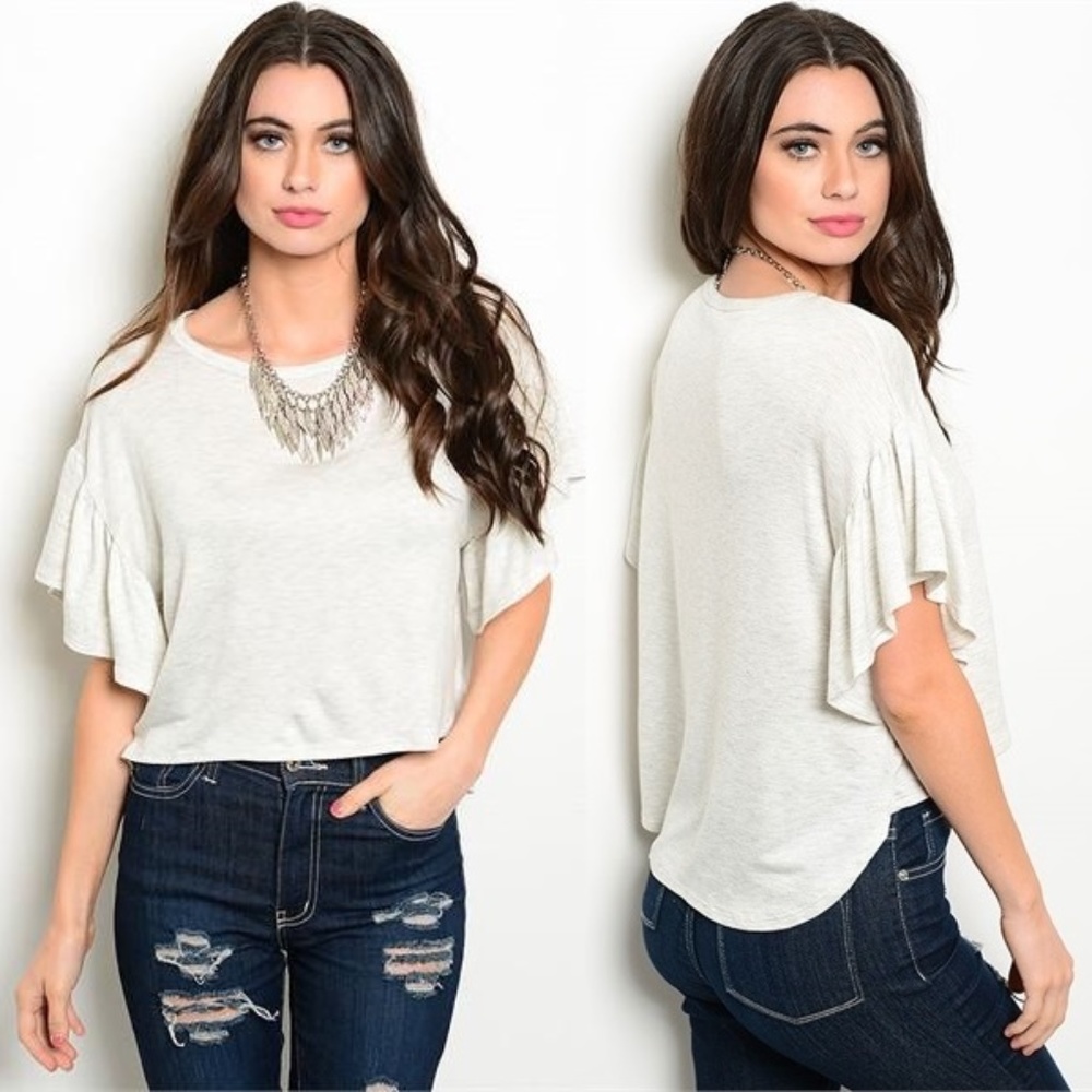 Ruffle Sleeves Knit High Low Crop Top | Oatmeal